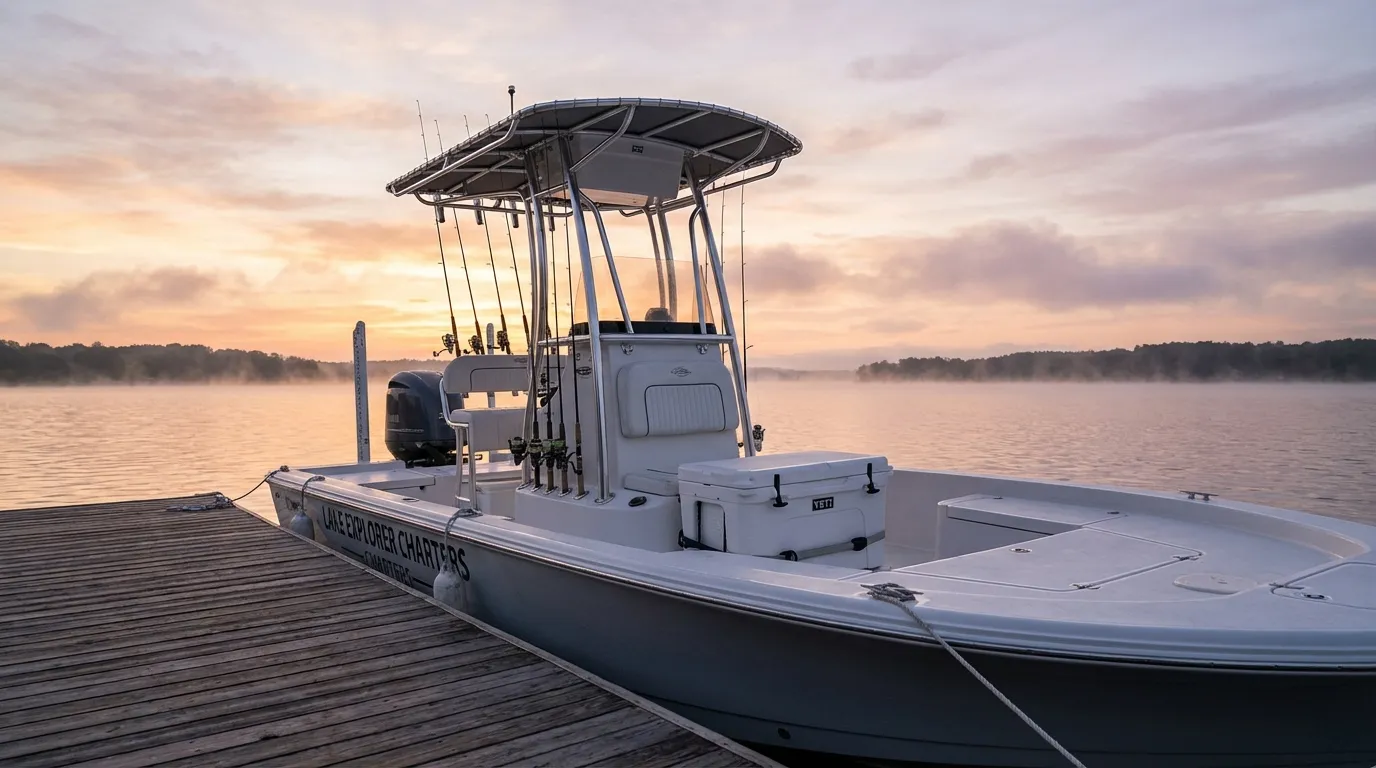 Lake Lanier guide boat ready at the dock early morning