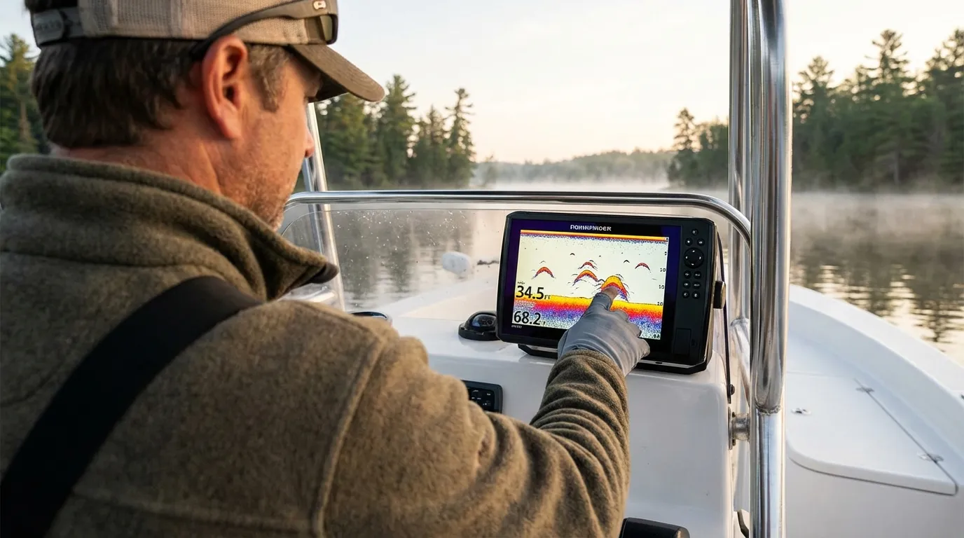 Guide boat on Lake Lanier using electronics to locate stripers