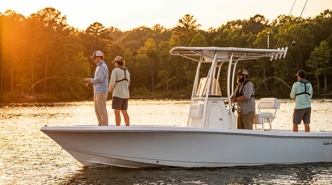 Guests fishing for stripers from a guide boat on Lake Lanier