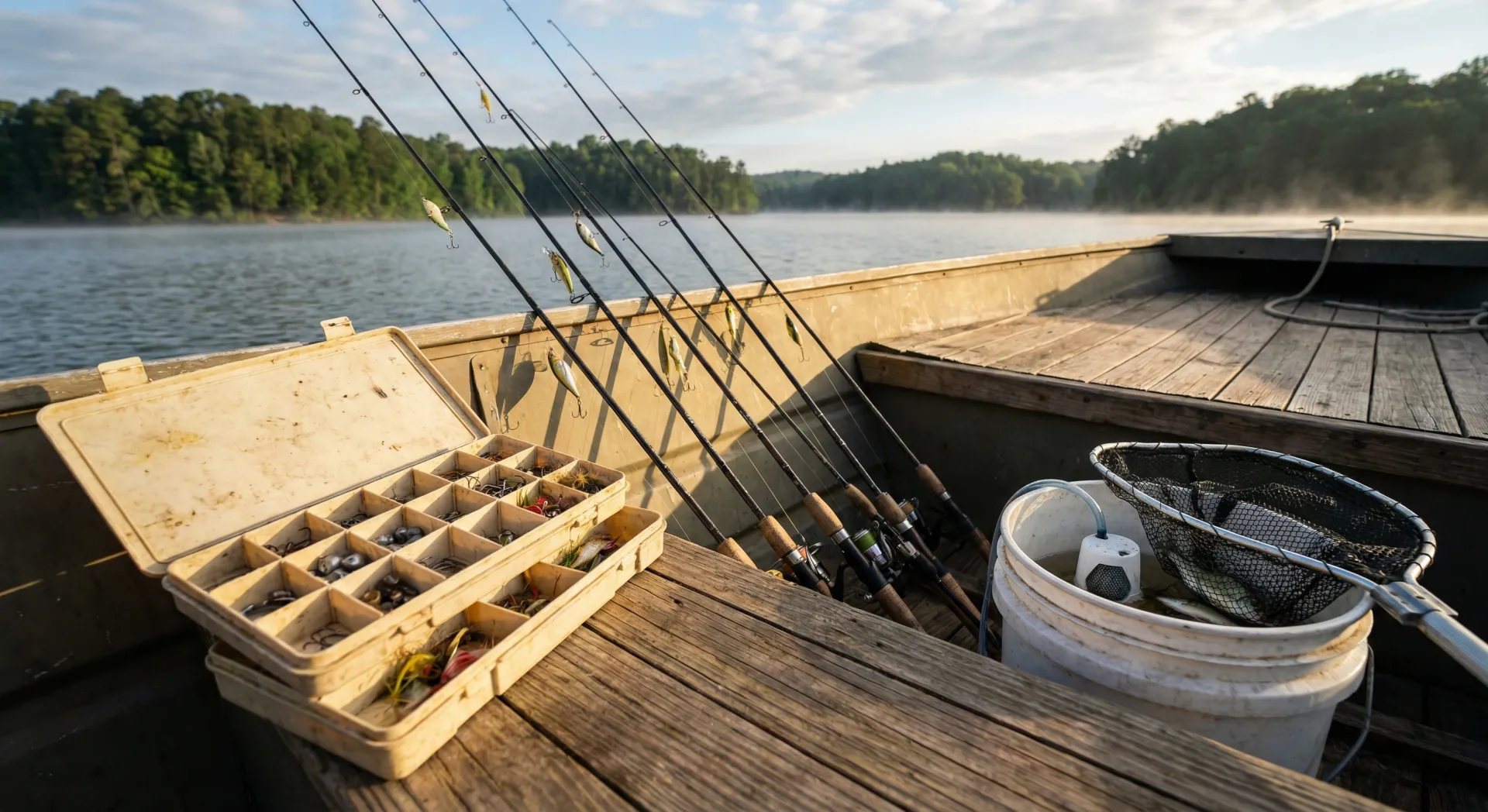 Fishing rods and tackle prepared for a Lake Lanier striper trip