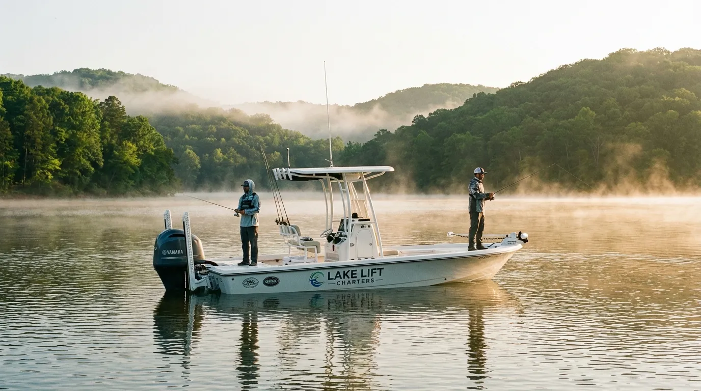 Lake Lanier striper fishing guide boat at sunrise on calm water