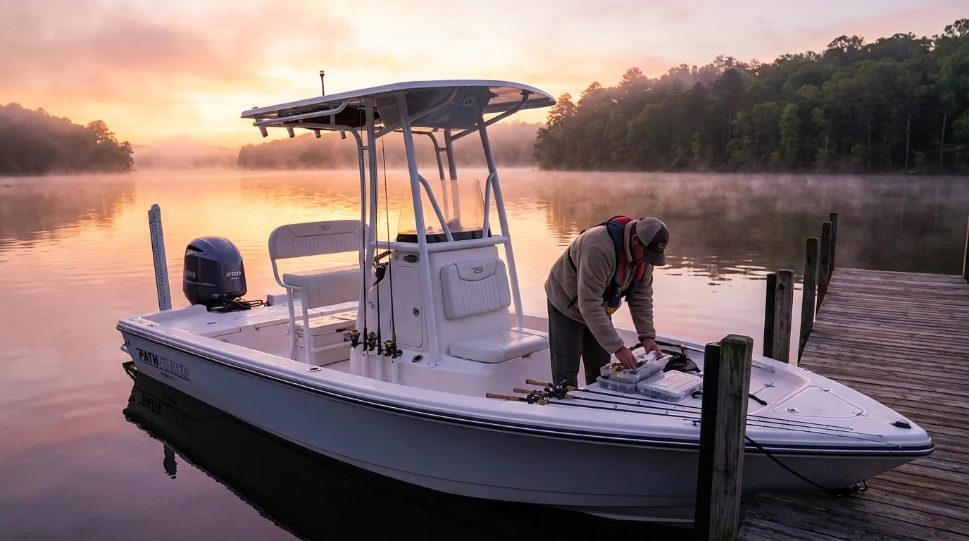 Lake Lanier guide boat and striped bass fishing setup at sunrise