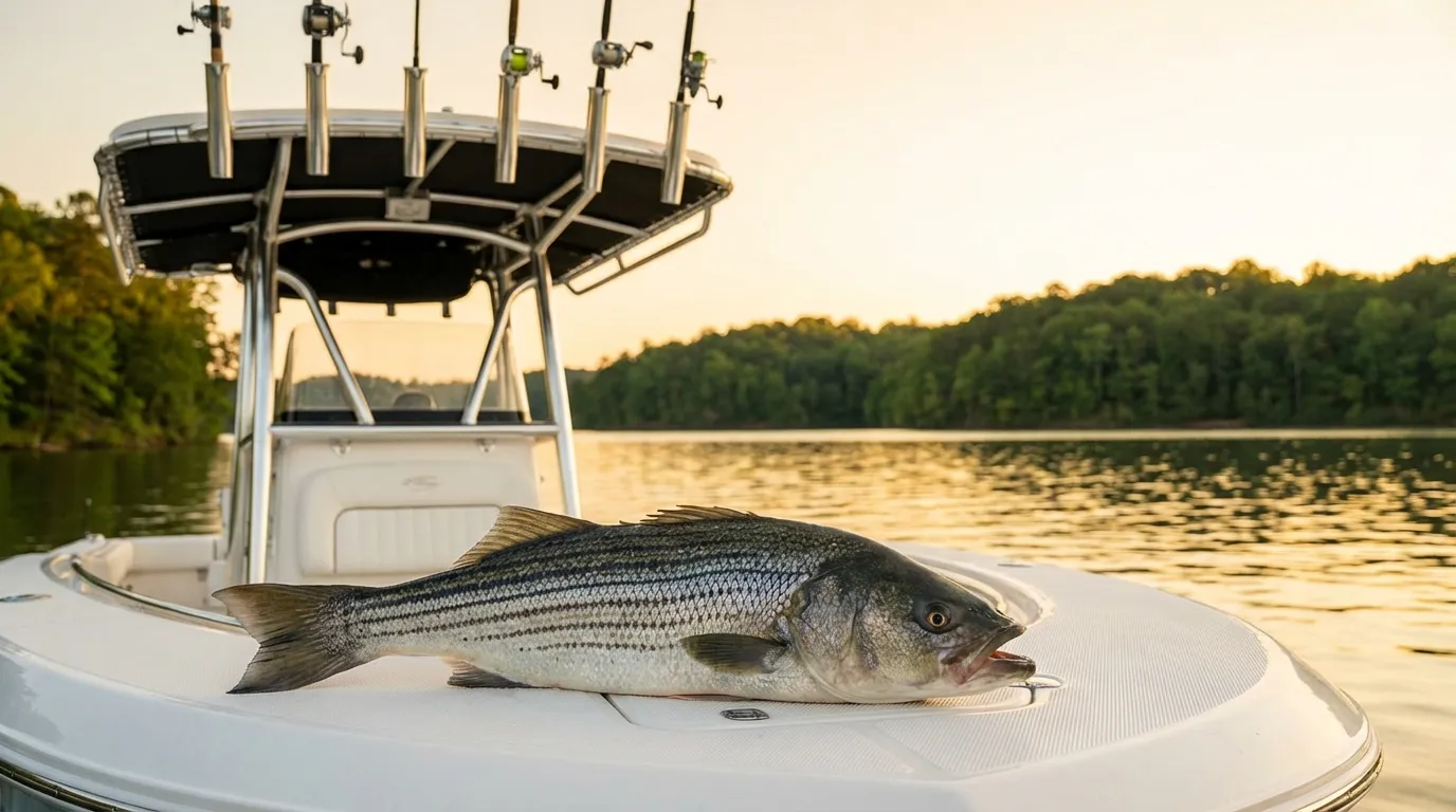 Striped bass and guide boat on Lake Lanier